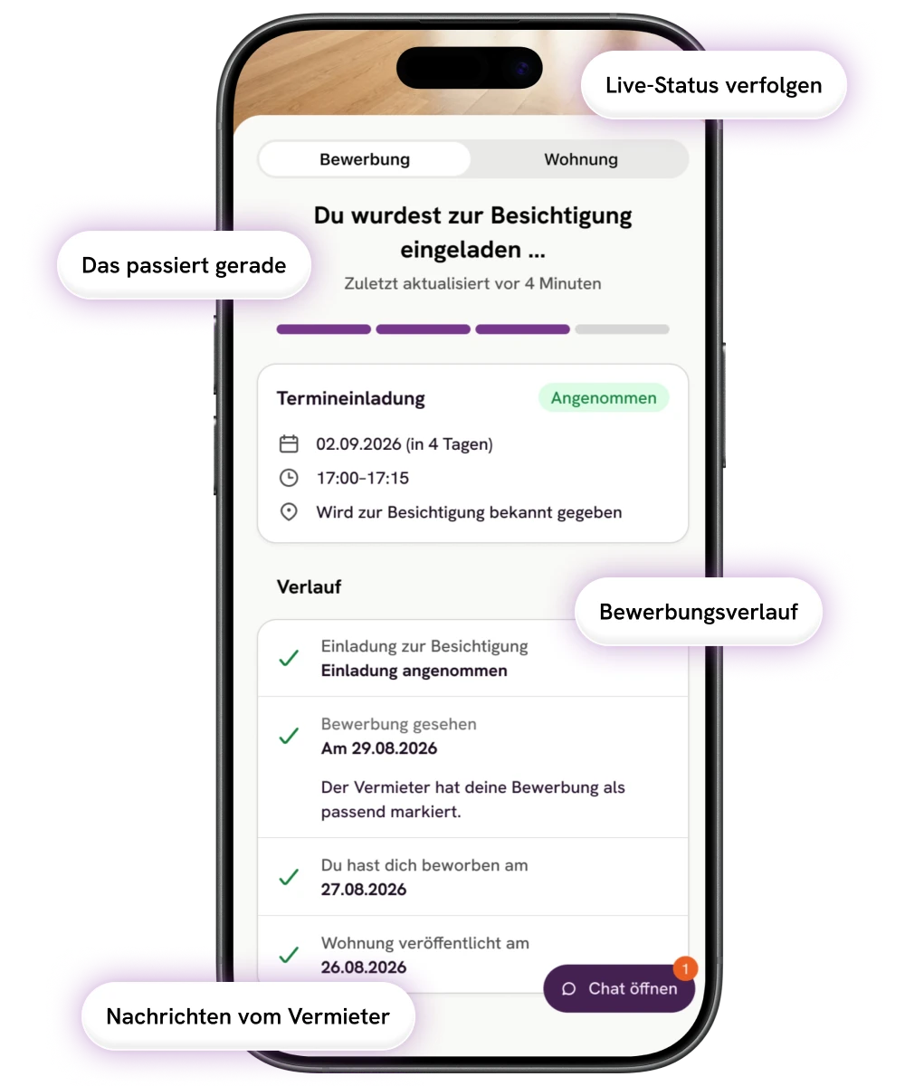 Wohnsinn App mit Bewerbungsstatus auf einem Smartphone